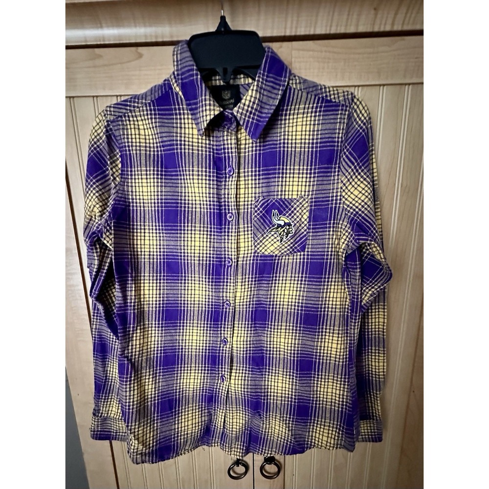 NFL Juniors Minnesota Vikings Football Plaid Flannel Button Shirt Medium 7/9